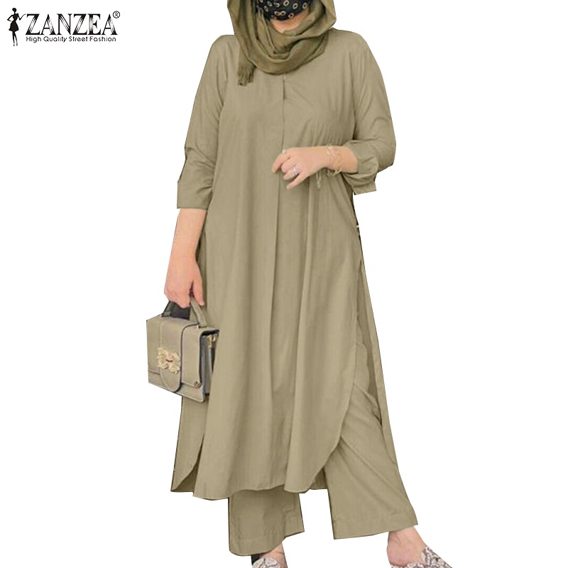 ZANZEA Women Muslim Abaya Kaftan Casual Loose Solid Color Full Sleeve O-Neck Blouse+Pants Sets