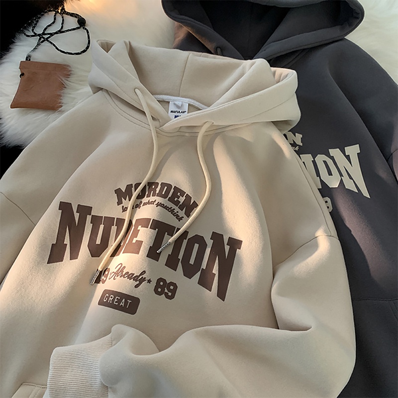 Men Women Fashion Letter Print Casual Velvet Oversize Hooded Jacket Long Sleeve Pullovers Thicken Couple Hoodie Sweatshirt Couple Clothes