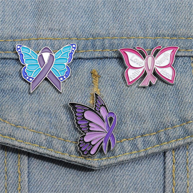 Creative Purple Ribbon Bow Brooch Respect Wisdom Sensuality and Caring Anti Violence Pin Love Faith Strength Hope Butterfly Pink Ribbon Lapel Pin Badge Costume Accessory