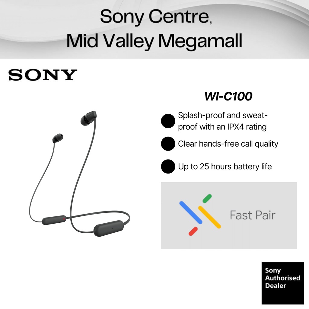 Sony WI-C100 Wireless In-ear Headphones | 25 hours battery life | Water Resistance IPX4 | Voice Assistant