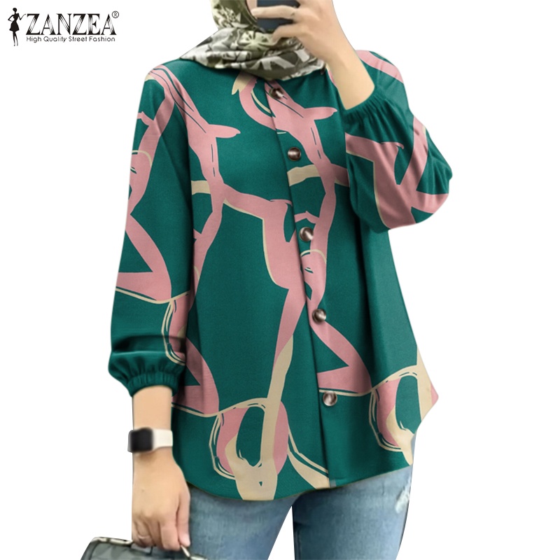 ZANZEA Women Muslim Fashion Crew Neck Puff Sleeves Long Sleeves Printed Shirts