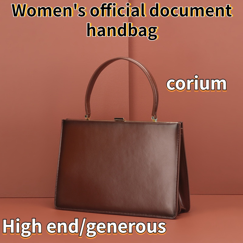 High-End Vintage Genuine Leather Cowhide Women's Handbag Solid Color Large Size Professional Briefcase