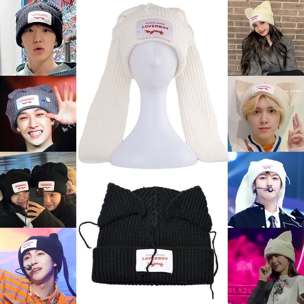 Kpop Idol StrayKids pink NCT Same Style Solid Color Knitted Hat Korean Fashion Design Cat Ear Hat Warm Long Ears Decorative Cap