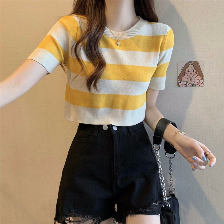 韩系经典撞色条纹短袖冰丝针织衫女夏季T恤短款修身百搭小衫上衣 T-Shirt 