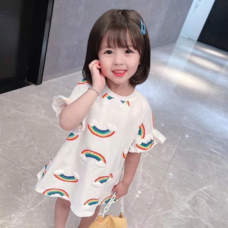 1-8 Years Kids Dress Baby Girl Budak Perempuan Cute Korean Version Rainbow T-Shirt Dress