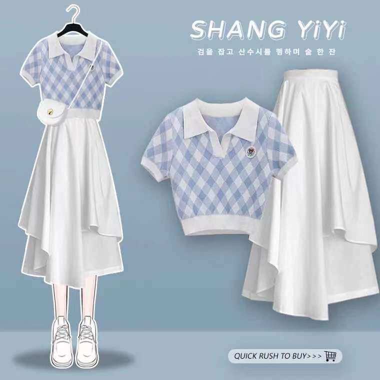 2PCS / Single Females New Korean Style Outfits For Women Crop Top Knitted Shirt Casual Skirt Students Wear Set Casual Woman Wear Baju Ootd Perempuan