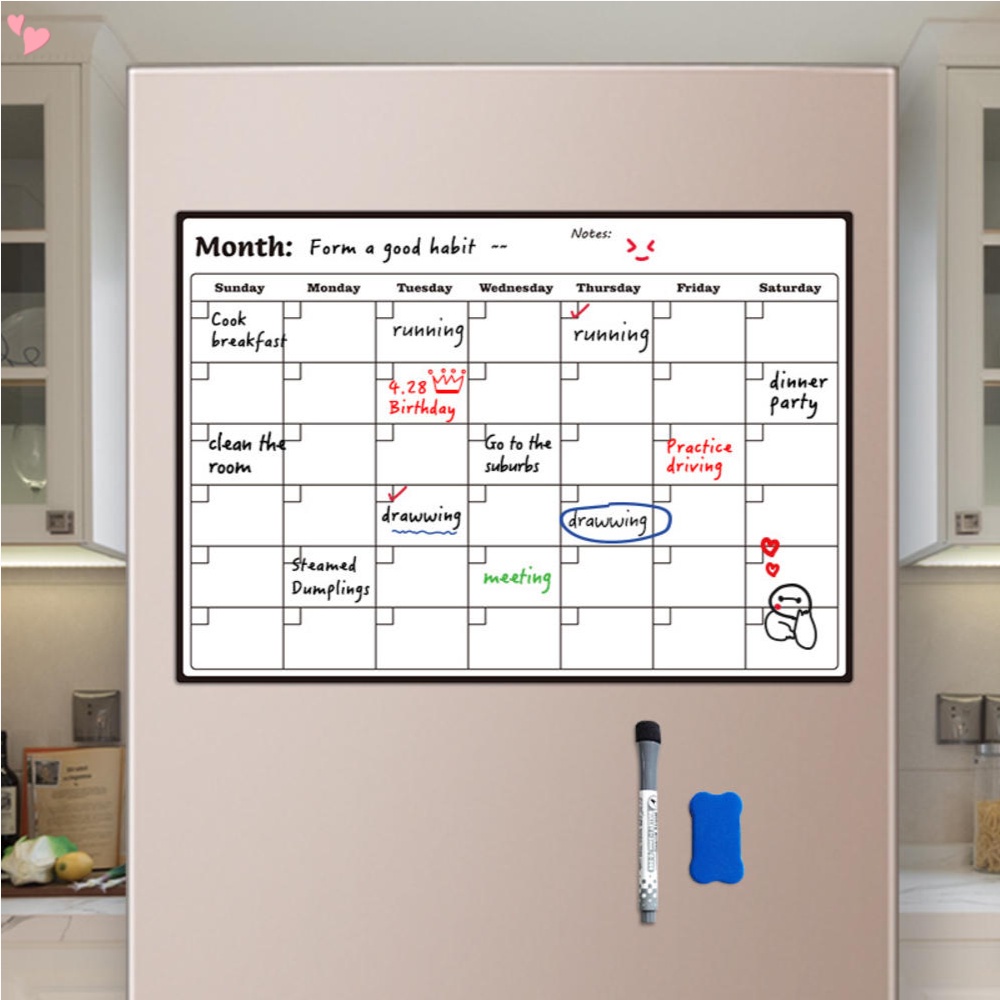 Magnetic Dry Erase Calendar Fridge Calendar Monthly Weekly List Whiteboard Family Calendar with 6 Markers and Eraser Board for Planner Organizer Family Grocery Kitchen Home Decor