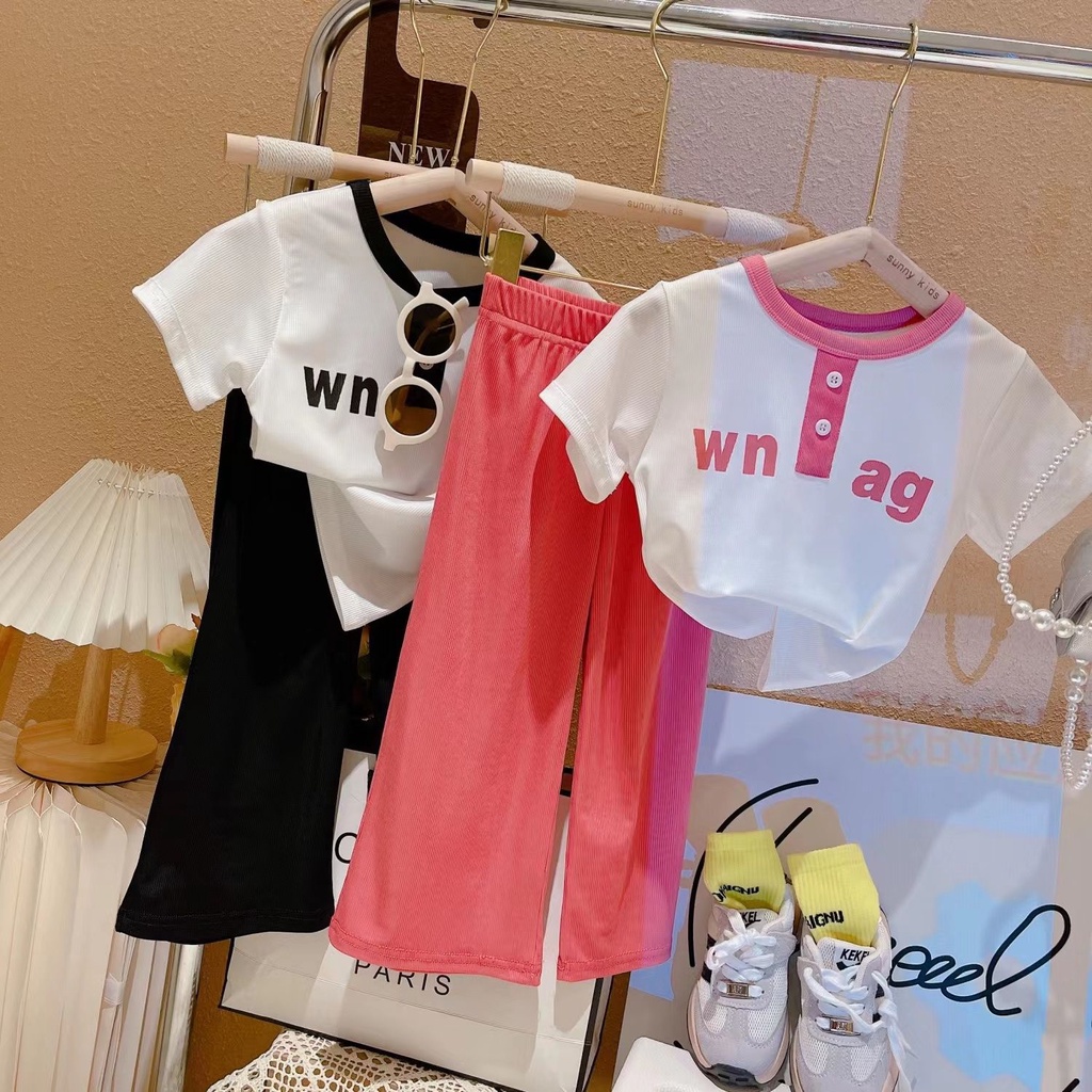 Korean Version Ready Stock Children Summer Thin Wide-Leg Pants Suit Girls Short-Sleeved Top Two-Piece Baby Girl Clothing Trendy Casual Influencer Clothes