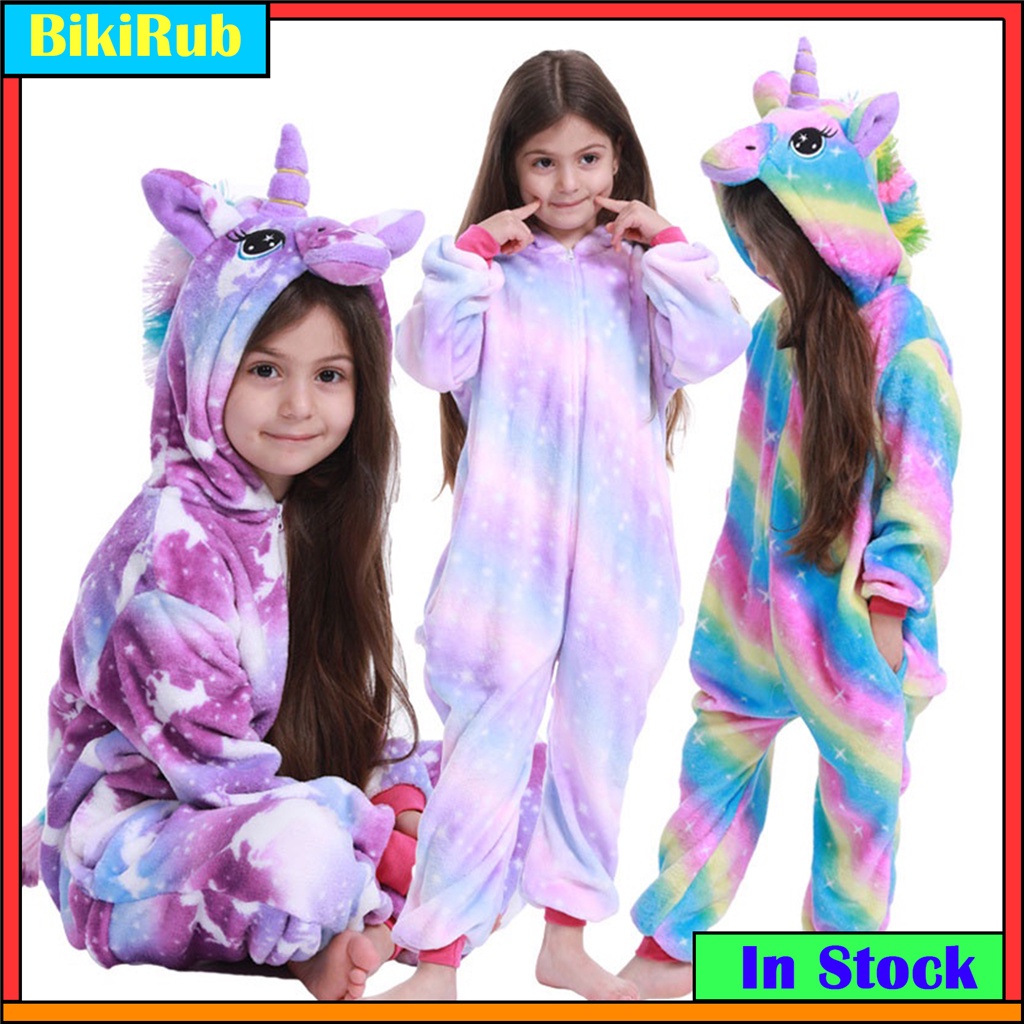 Kigurumi Girls Boys Cartoon Sleepwear Children Unicorn Stitch Pikachu Onesies Animal Flannel Pajamas