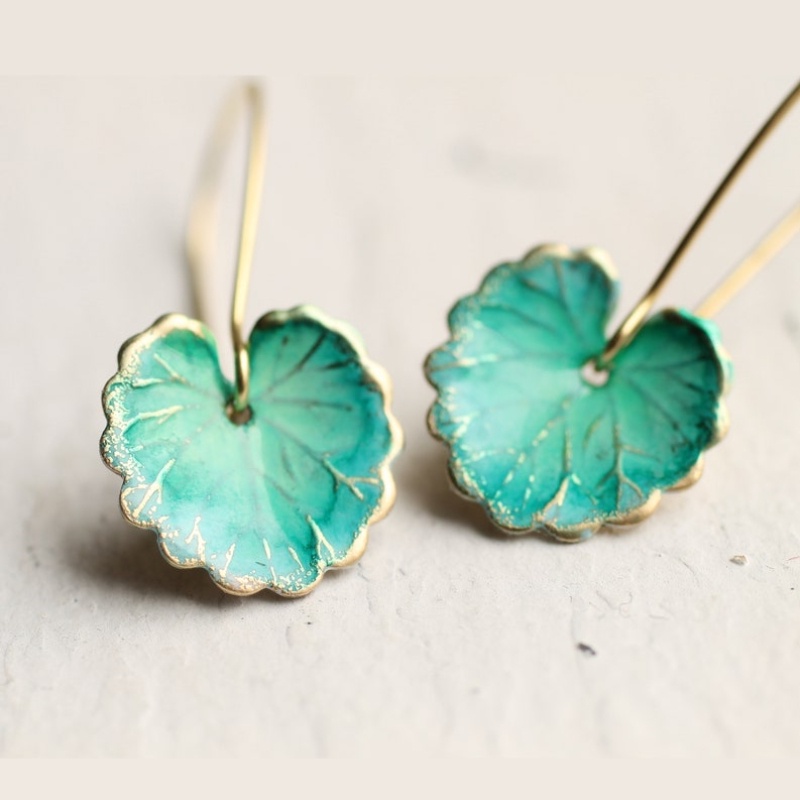 Turquoise Leaf Earrings, Art Nouveau, Arts and Crafts Lily Pad, Green Leaf Earrings, Boho Turquoise Long Earrings, STANDARD LEAF EAR