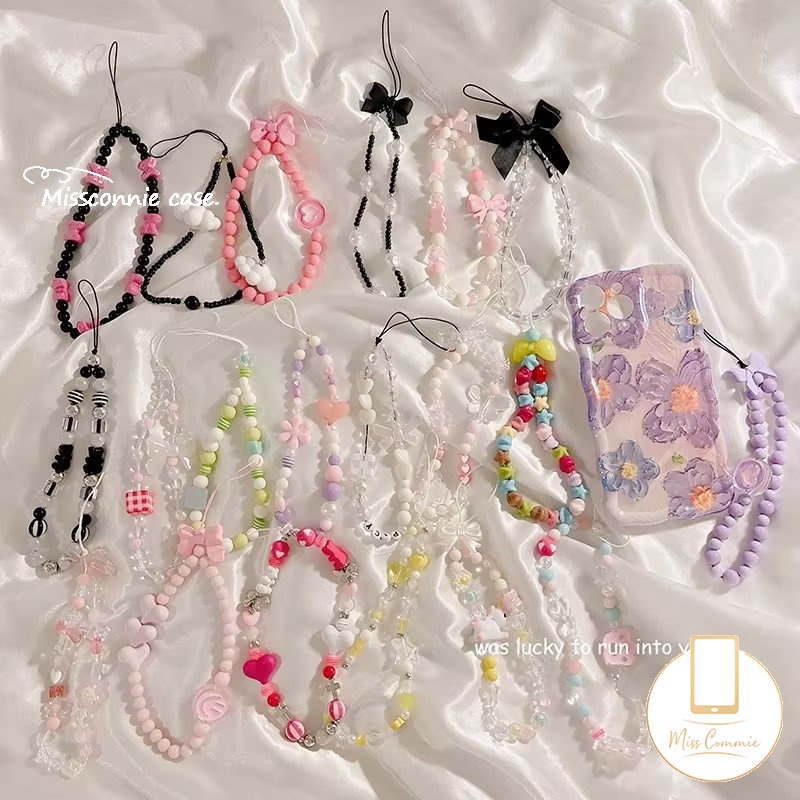 Fashion Chain Phone Universal Ins Love Heart Bow-knot Cartoon Cute Chain Phone Rope Strap Kpop Accessories Diverse Chain Beaded Bracelet Keychains Decoration Lanyard