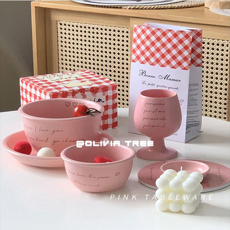 Korean Style Ins-Style Original Pink English Tableware Set Home Ceramic Noodle Soup Bowl High-Value Bowl Plate