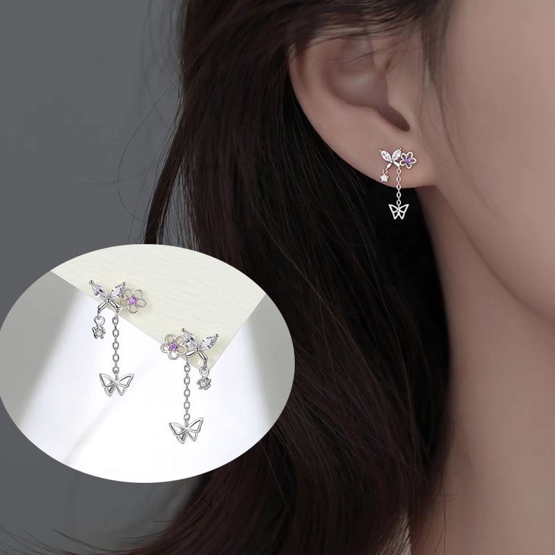 Women Long Tassel Earrings Korean Sweet Butterfly Rhinestone Earring Elegant Geometric Hanging Ear Stud Jewelry