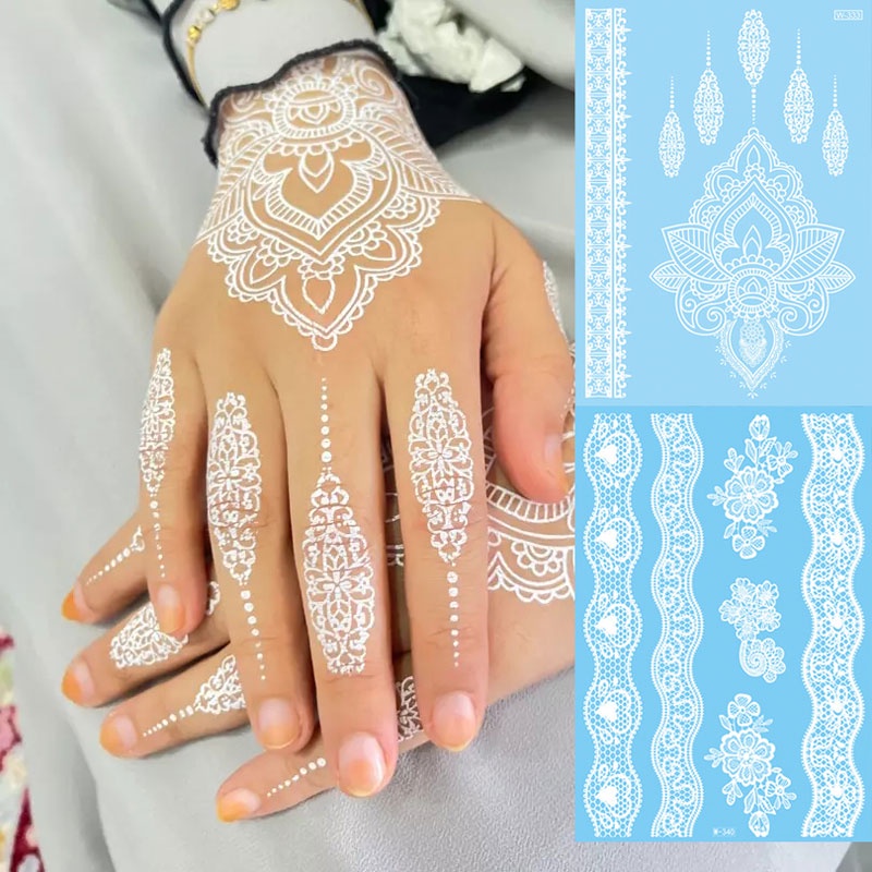 White Henna Tattoos for Women Waterproof Temporary Tattoos Body Art Wedding Make Up Fake Tattoos Lace Tattoos