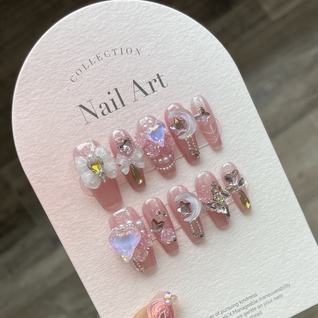 【HANDMADE】trapezoid coffin shaped Artificial Nail art Romantic Gentle Phototherapy Nails Reusable and Removable fake Nails