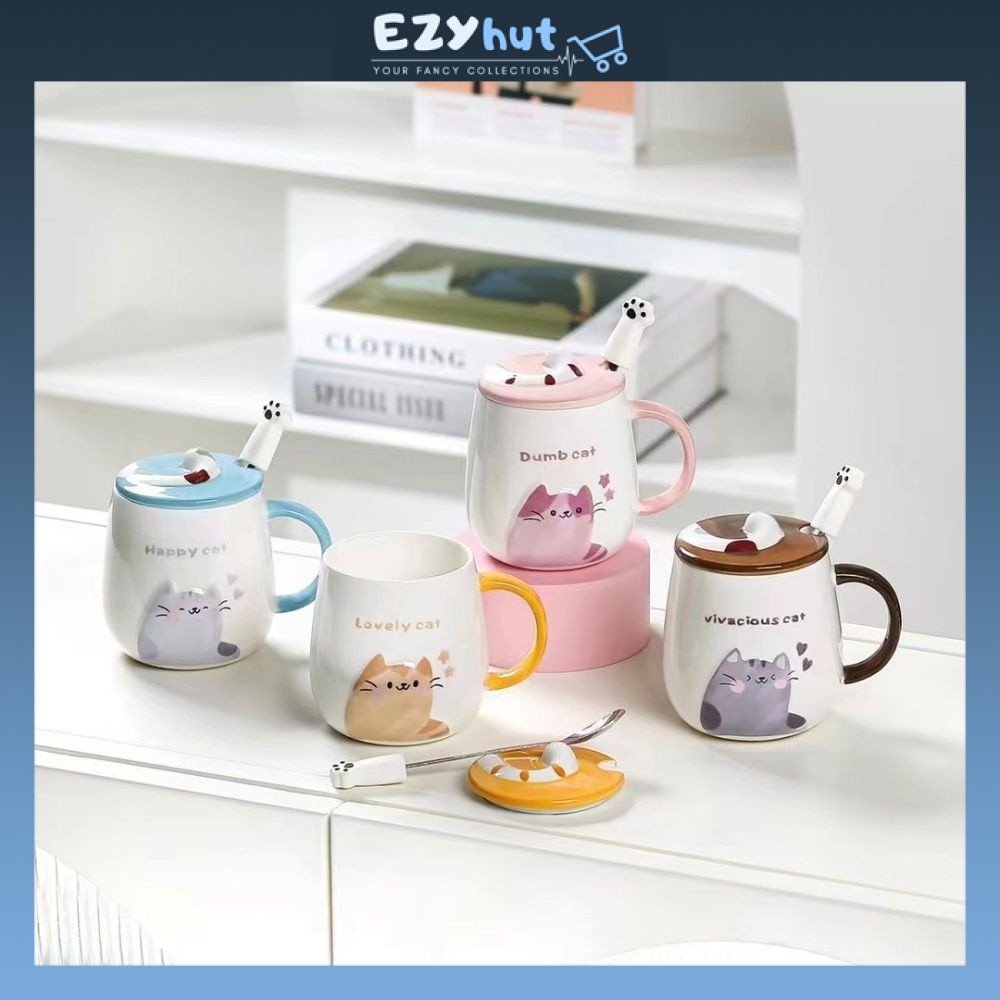 Creative Cute Cat Mug Coffee Cup Tea Cup Ceramic Mug With Lid Drinks Dinnerware Doorgift Gift Beverage Cafe Cawan