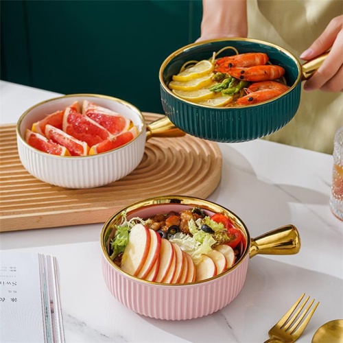 Nordic Ceramic Bowl with Handle Fruit gold line Bowl Salad Bowl Household Tableware