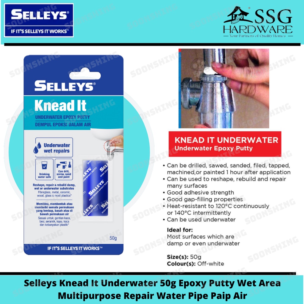 Selleys Knead It Underwater 50g Epoxy Putty Wet Area Multipurpose Repair Water Pipe Paip Air Gam Epoxy Paip Air