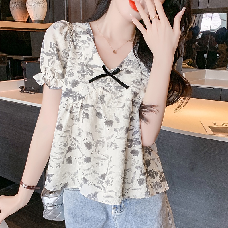 Korean Style Women's V-neck Loose Puff Sleeves Shirt French Sweet Ink Printing Bow Short Loose Slimming Top Good Quality