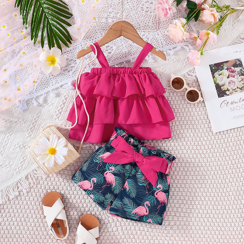 2Pcs Set Baju Budak Perempuan 6 - 3 Tahun Newborn Baby Girl Fashion Cotton Sleeveless Croptop and Cartoon Flamingo Shorts Summer Outfit Toddler Kids Clothing Suit Baju Kanak Kanak Perempuan