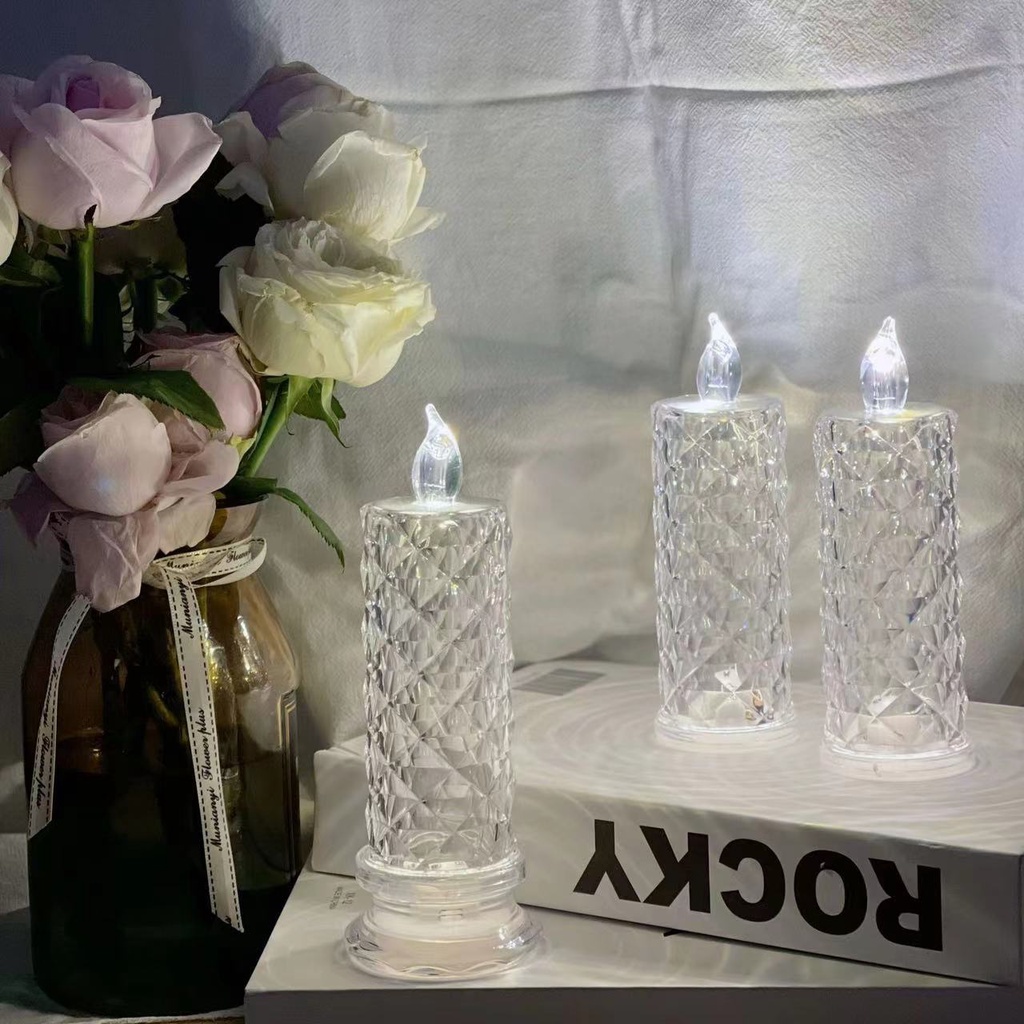 LED Candle Light Rose Diamond Glowing Flameless Electronic Crystal Lamp Rose Projection Desk Night Light Room Party Atmosphere Lamp