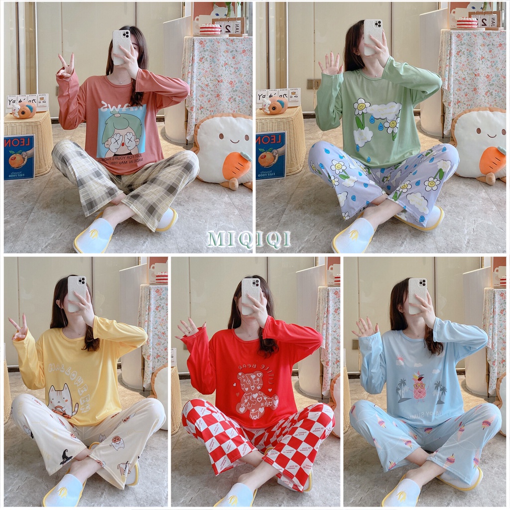 Long cute cartoon loose suit women's pajamas/Saman kartun comel panjang pakaian rumah piyama wanita长袖长裤可爱卡通宽松套装女睡衣家居服