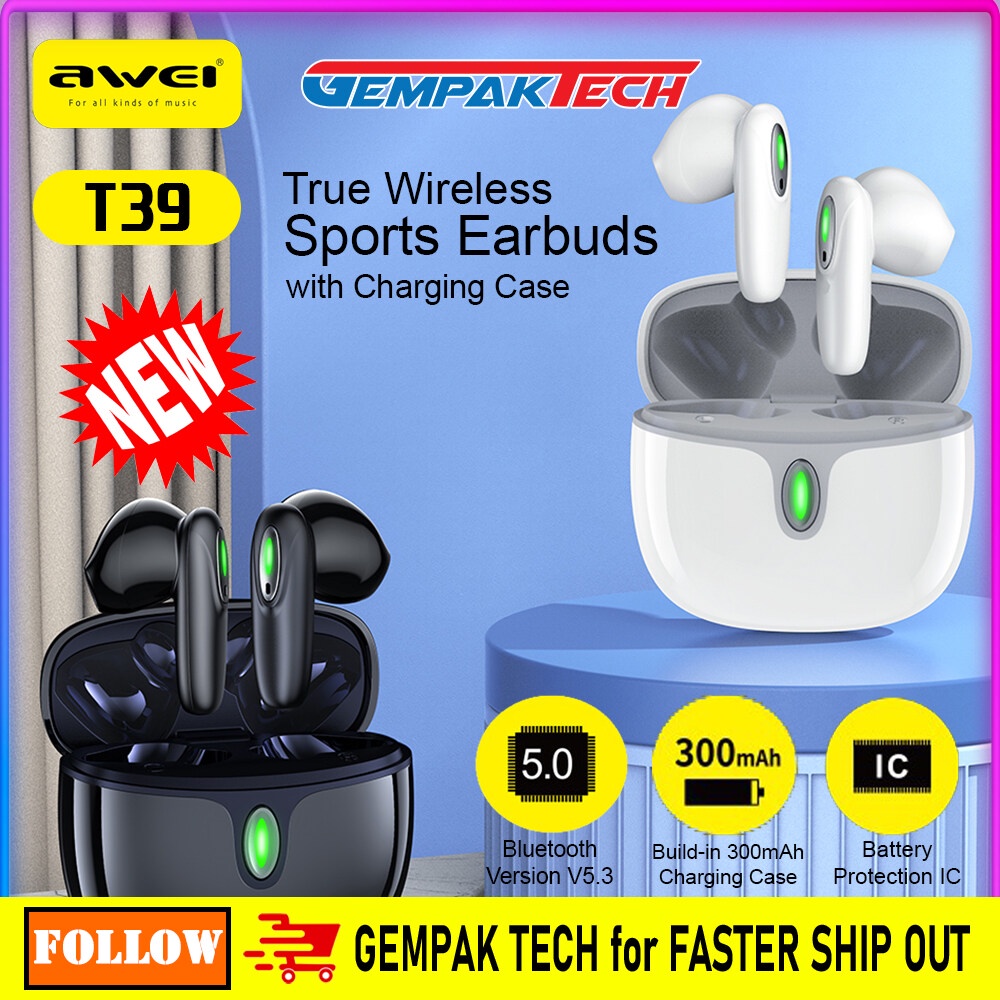 [ Clear HD Voice ] [ HD EARBUD ] Awei T39 TWS Earphone Wireless Bluetooth Headphones Noise Reduction Earbuds With Mic