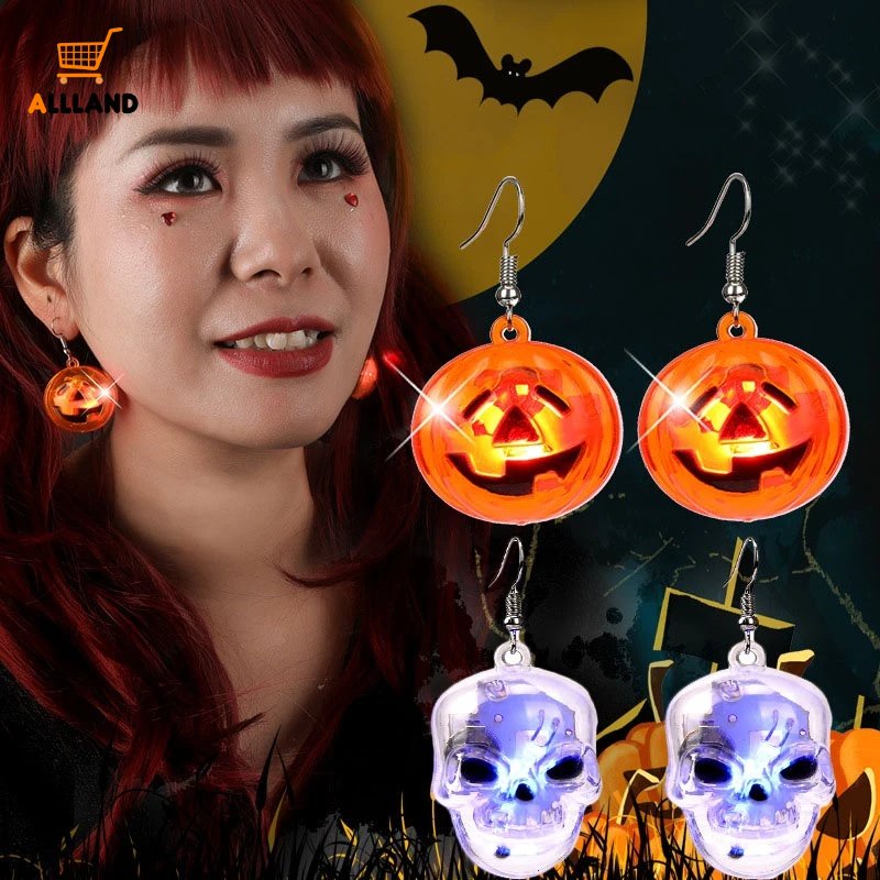 1 Pair Halloween Party Earrings LED Luminous Earrings Acrylic Alloy Ghost Head Pumpkin Pendant Earrings Halloween Jewelry