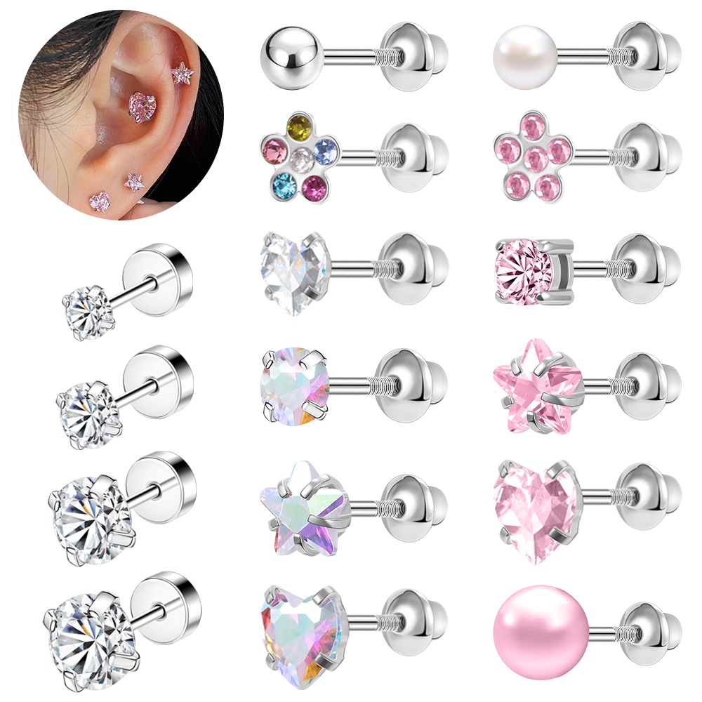 1 PC Stainless Steel Cartilage Small Stud Earrings Crystal Screw Flat Back Earrings Flower Star Heart Ear Stud Helix Piercing