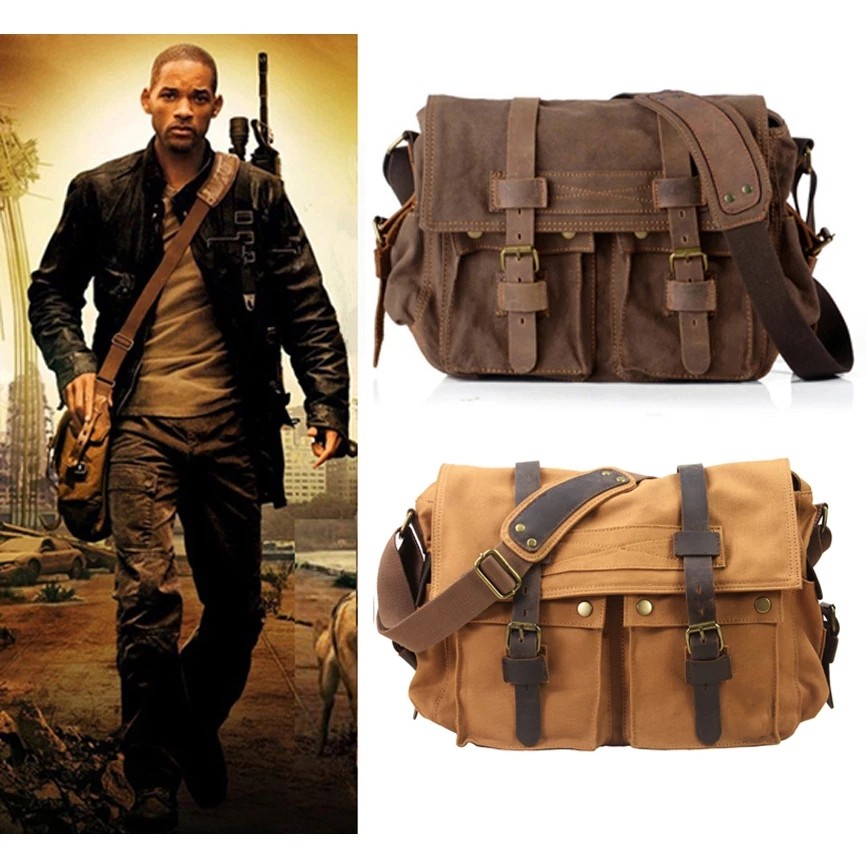 I AM LEGEND Will Smith military Canvas + Genuine leather Men Messenger Bag Canvas Shoulder Bag Men Crossbody Bag Male Sling Casual Bag Vintage M318