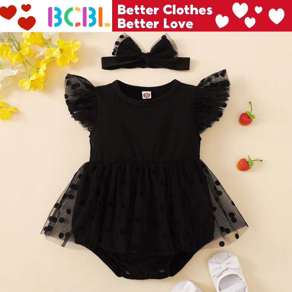 [Malaysia Stock] BCBL Baju Baby Girl Baby Girl Romper Dress Black Flying Sleeve Mesh Jumpsuit with Headband 2pcs Baby Girl Dress