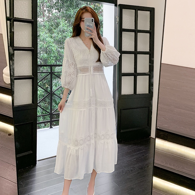 French V-Neck Dress Summer White Vacation Beach Long Skirt prom dress Slimmer Elegant Gentle Style Seaside Dating