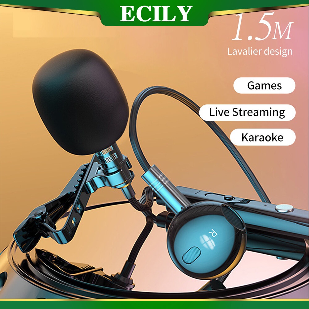 ECILY For Live Streaming Gaming Karaoke Video Recording Microphones With Earphones Earbuds L Jack Mini Clip Lapel Microphone Microfone