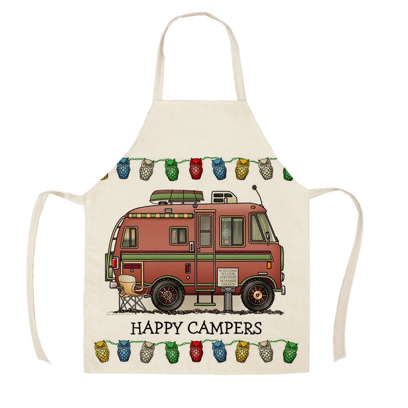 Kawaii Kitchen Apron Sketch Campers Car Print Sleeveless Linen Apron Men and Women Household Cleaning Tools Cooking Accessories 68x55cm