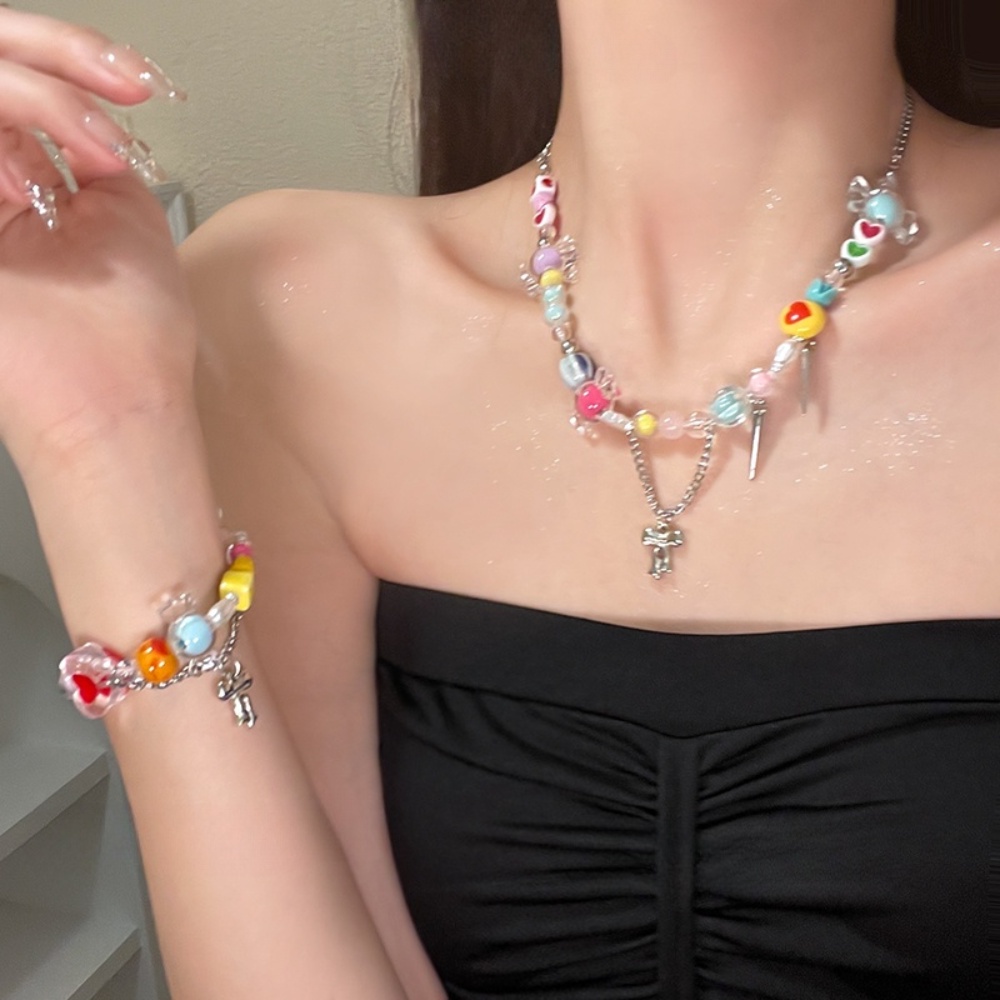 Y2K Multicolor Beaded Necklace Sweet Fashion Summer Women Candy Sweetheart Colored Bow Fringe Light Luxury Small Numerous Pamine Choker Sweet Cool Spice Collarbone Chain Jewelry