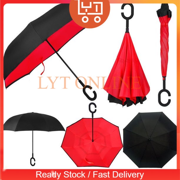 LYT ONLINE Inverted Umbrella Reverse Umbrella Upside Down Double Layer Windproof C-Hook Big Size Standing Foldable