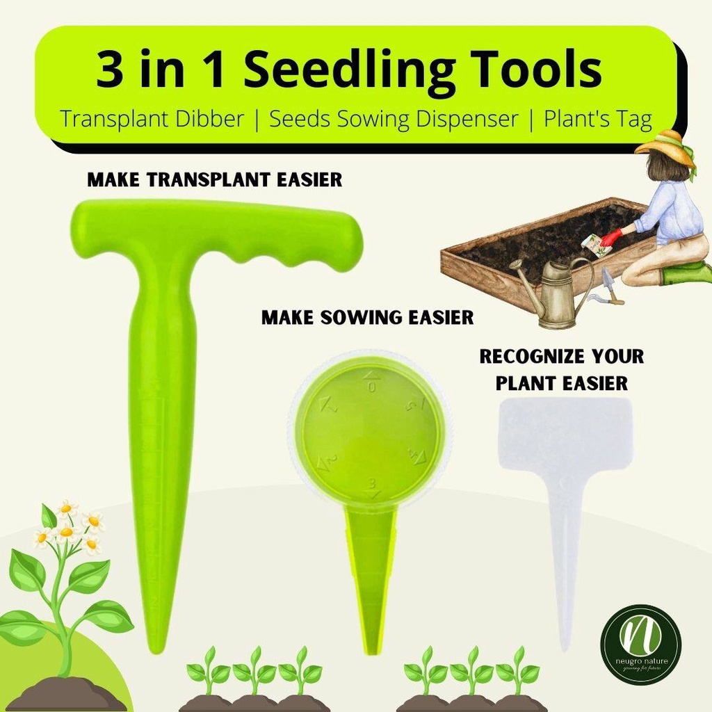 Neugro 3 in 1 Seedling Tools Set - Seeds Sowing Dispenser + Transplant Dibber + Plant Tag 泥土打洞器 播种器