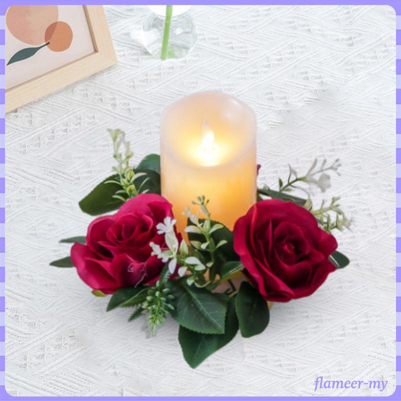 [FlameerMY] Pillar Candle Rings Wreath Flower Garland 9inch Small Wreath Pillar Candle Holder Artificial Floral for Wedding Party Christmas Halloween