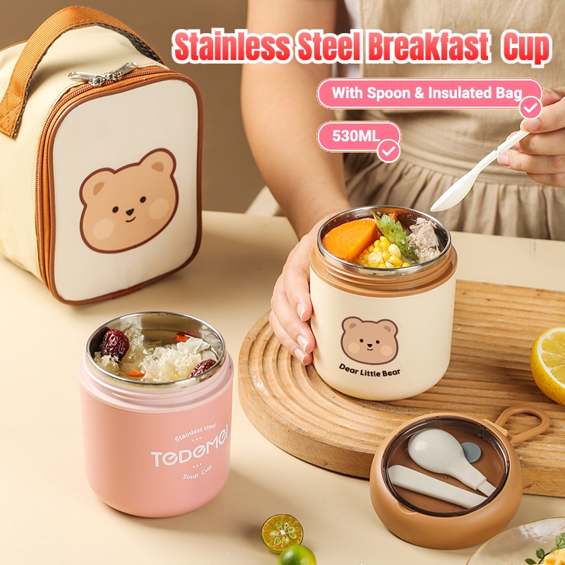 【IN Stock】530ML Dual layer  Thermos Flask Soup Container Breakfast Cup Porridge Warmer Food Container 304 Stainless Steel Portable Insulated Lunch Box with Spoon and hand Bag