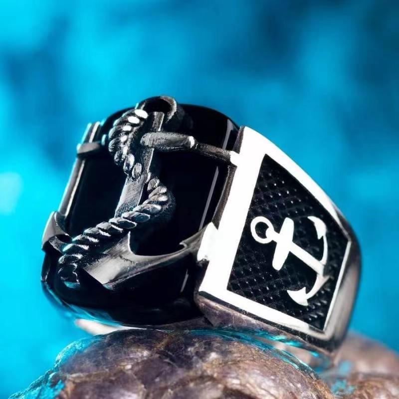 Fashion Trend Personality Men Punk Fashion Black Sailing Rudder Compass Anchor Personality Sailor Men Ring直供