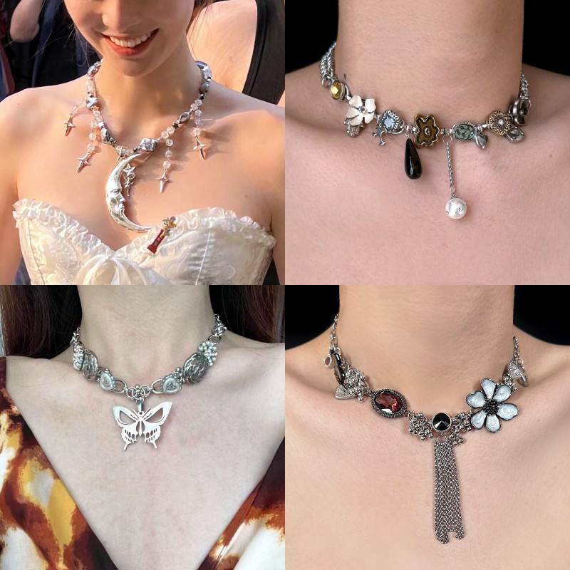 1 Pcs Moonlight Goddess~High end niche crystal starry tassel collarbone chain exaggerated moon neck chain star necklace