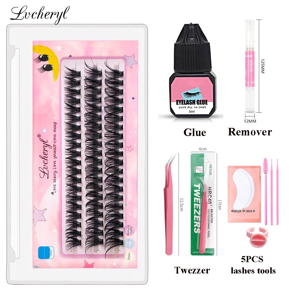 Lvcheryl D Curl 30D/40D Mixed Length Eyelash Extension With Glue Tweezer Thick Fluffy Lash Extensions 60 Clusters DIY At Home For Beginners