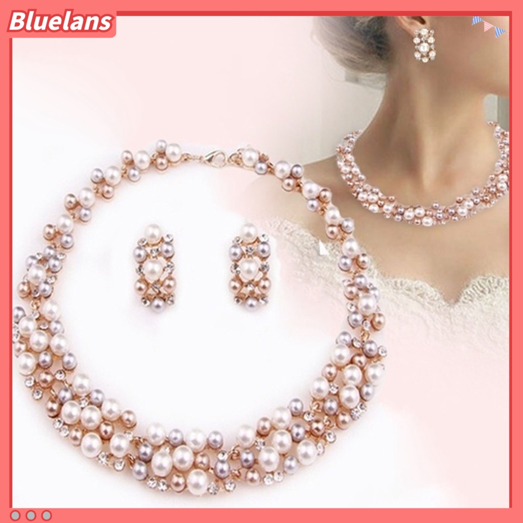 {In stock} 2 Pcs/Set Wedding Jewelry Set Imitation Pearl Multi Color Royal Luxurious Smooth Surface Women Necklace Earrings Set Female Accessory