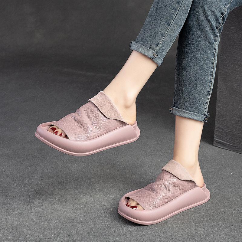 Jh Ready Stock Genuine Leather Sandals Slippers New Style Retro Solid Color Flat Half Slippers Outdoor Wear Casual Soft Bottom Fli slipper sandals platform sandal casual sandal summer sandal uneek sandal half sandal women fashion sandal