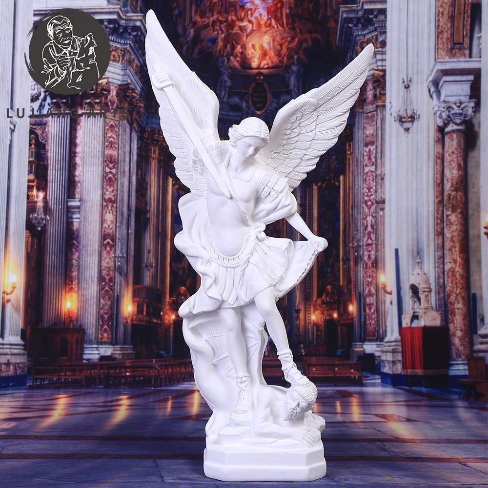 Chibel 12.2 Inch White Saint Michael Statue Resin Angel Sculpture Decoration Pure White Saint Michael on Base Figurine Religious Gift