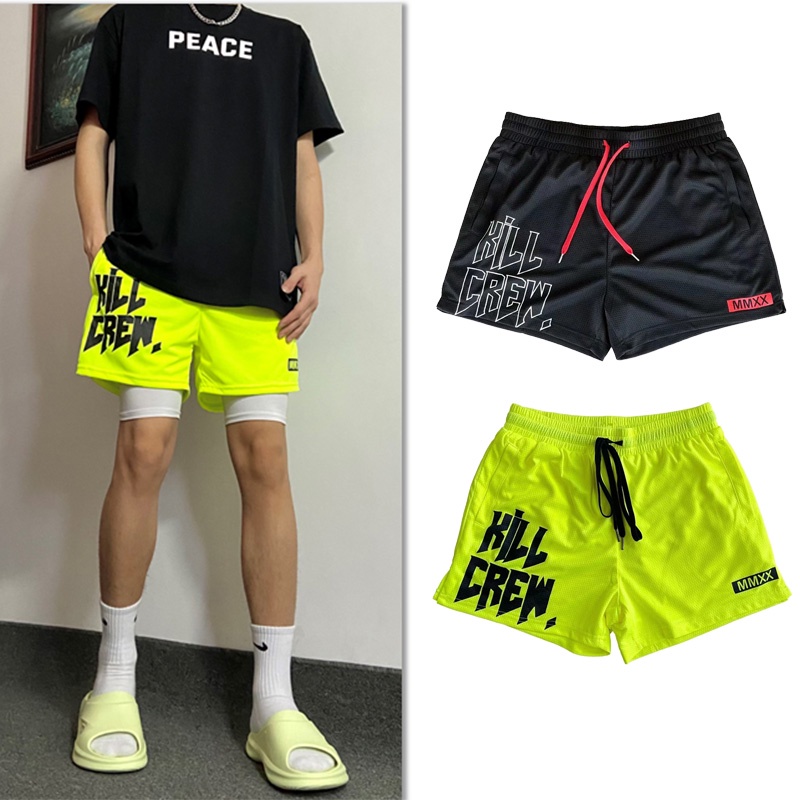 Men's American Basketball Shorts Mesh Shorts Basketball Pants Flame Shorts Trend Street Letter Printed Shorts Above Knee Hip Hop 美式短裤 篮球裤Summer Quick-drying Loose Basketball Short Pants Green\ Black