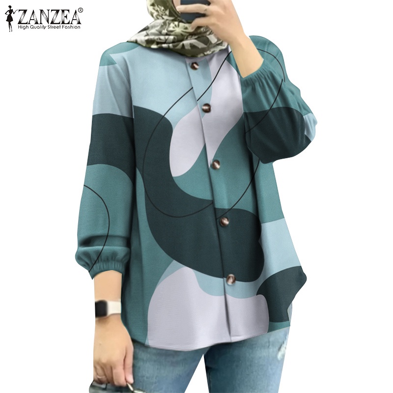 ZANZEA Women Muslim Fashion Puff Sleeves Long Sleeves Round Neck Printing Shirts