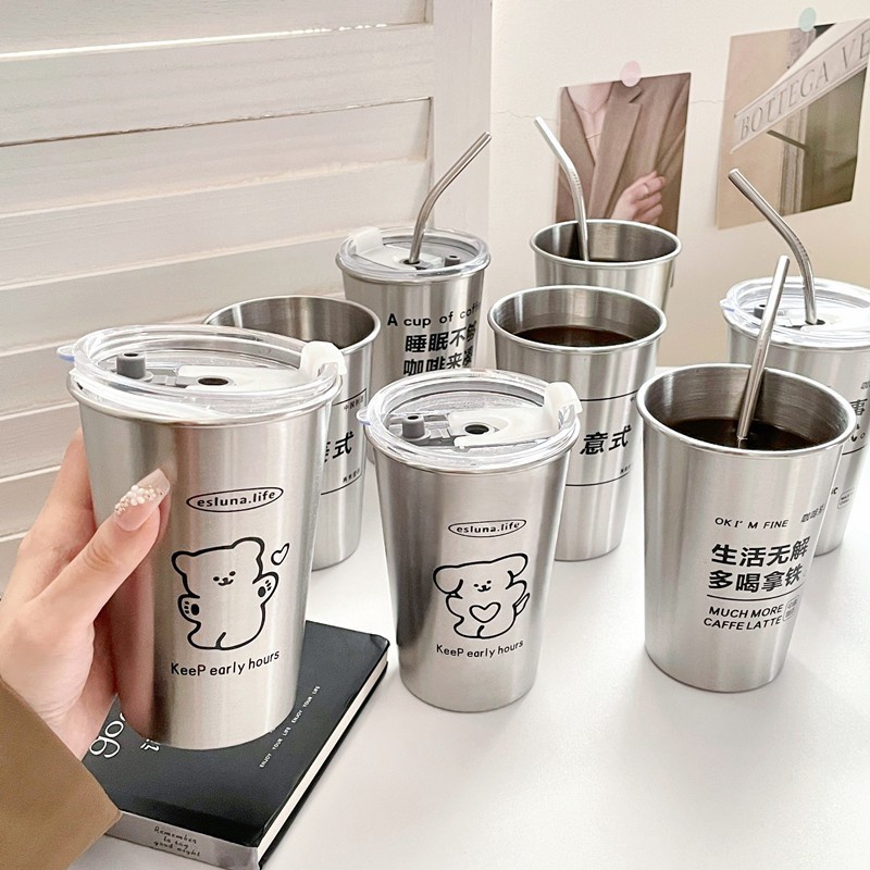 Trendy Simple 304 Stainless Steel Coffee Mug With Straw Lid Deer Pattern Cup Travel Camping Tea Milk Cups Home Office School Gift Cup 500ML