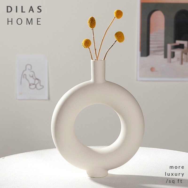 DILAS HOME Round Neck Earthy Cream Beige White Sculpture Hollow Ceramic Porcelain Vase