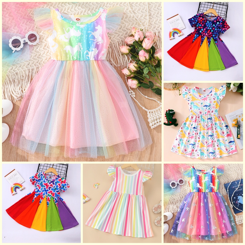 2023 Dress Girl Kids 1- 6 Years Old Summer Short Sleeve Colorful Rainbow Party Girls Dress Cute Fashion Toddler Kid Princess Dresses